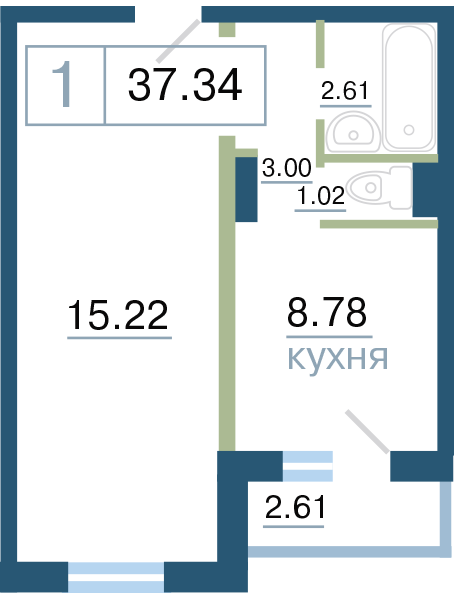 Планировка 1 (1 комн. 37.34 кв.м.)