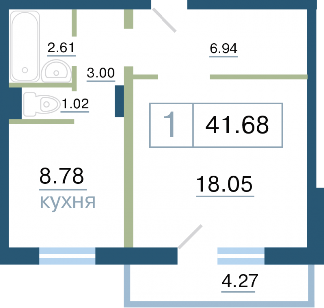 Планировка 2 (1 комн. 41.68 кв.м.)