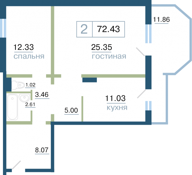 Планировка 6 (2 комн. 72.43 кв.м.)