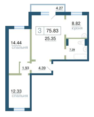 Планировка 7 (3 комн. 75.83 кв.м.)