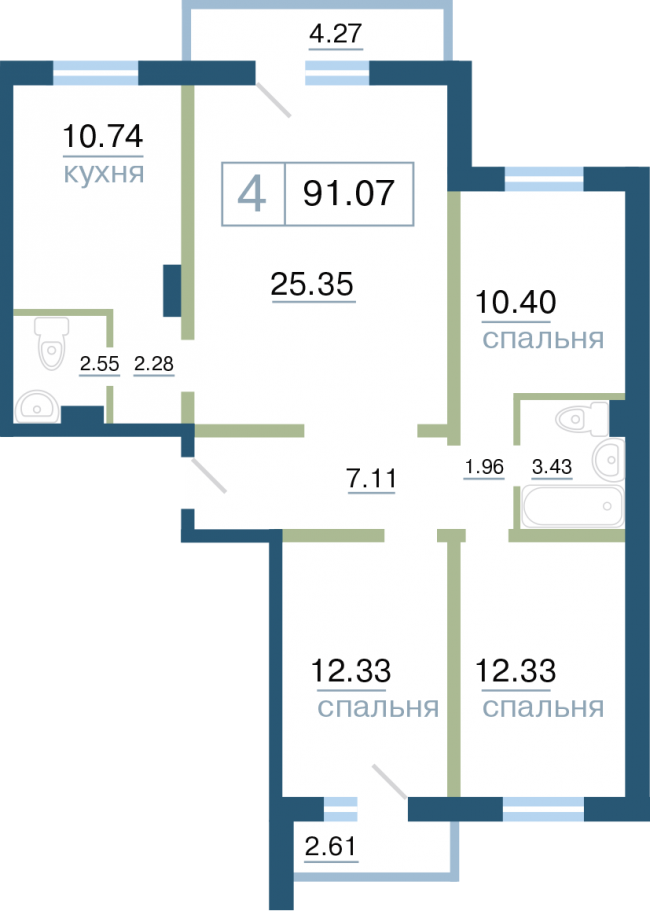 Планировка 10 (4 комн. 91.07 кв.м.)