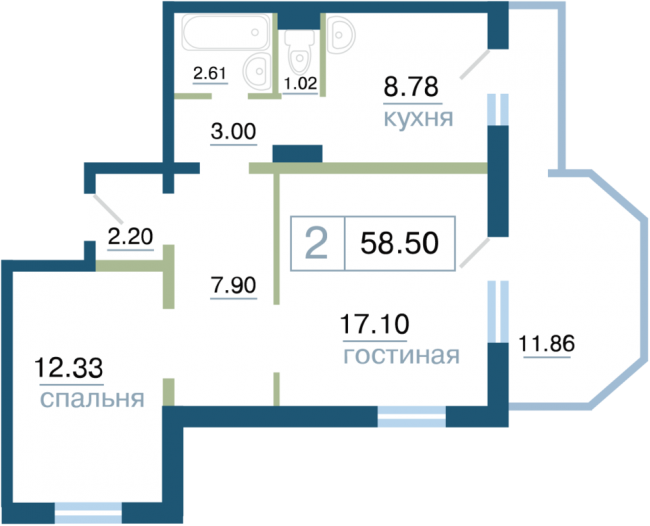 Планировка 5 (2 комн. 58.50 кв.м.)